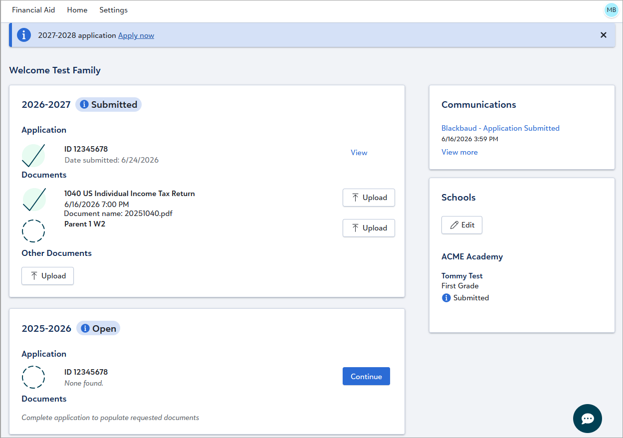 Parent Home page in Financial Aid Management